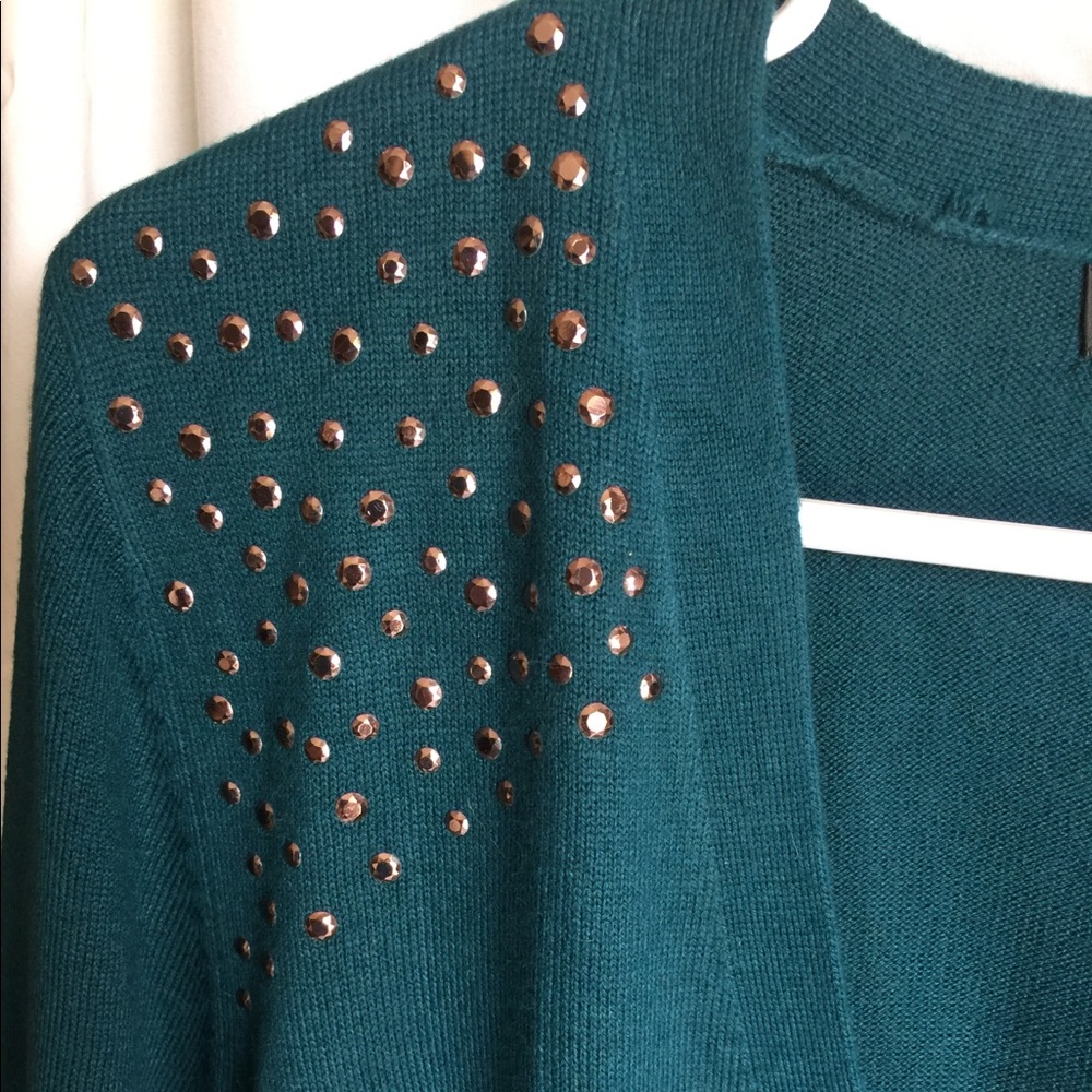 Embellished shoulder, open front cardigan